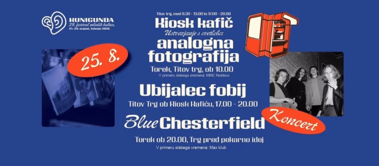 Kunigunda: Kiosk kafić – Ustvarjanje s svetlobo, Ubijalec fobij in koncert: Blue Chesterfield