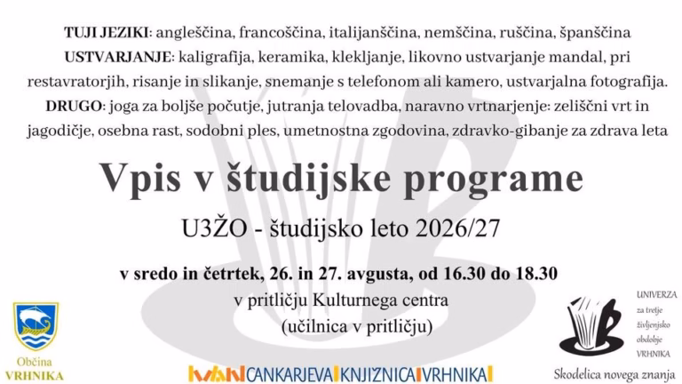 U3ŽO Vrhnika- študijsko leto 2026/2027: VPIS