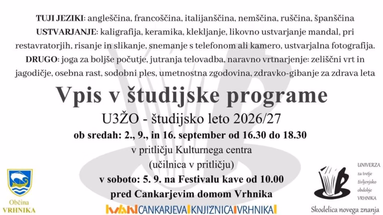 U3ŽO Vrhnika- študijsko leto 2026/2027: VPIS