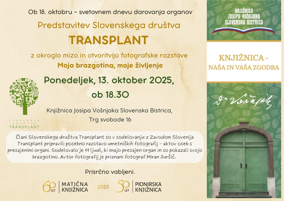 Ob 18. oktobru - svetovnem dnevu darovanja organov: predstavitev SLOVENSKEGA DRUŠTVA TRANSPLANT