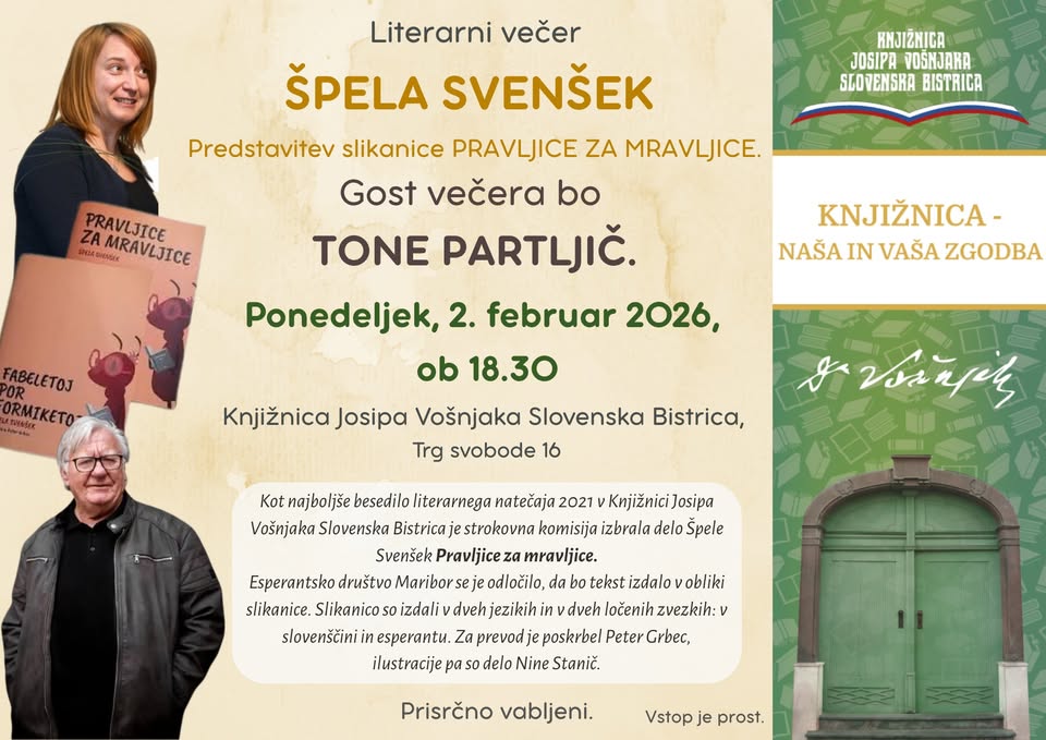 Literarni večer s predstavitvijo knjige Pravljice za mravljice ŠPELE SVENŠEK in TONETOM PARTLJIČEM