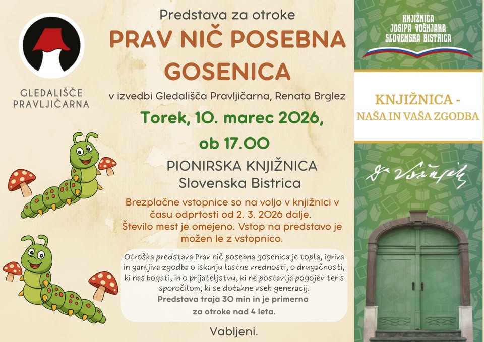 Predstava za otroke PRAV NIČ POSEBNA GOSENICA v izvedbi Gledališča Pravljičarna