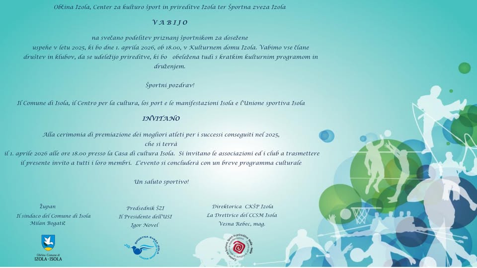 SVEČANA PODELITEV PRIZNANJ ŠPORTNIKOM V OBČINI IZOLA ZA LETO 2025